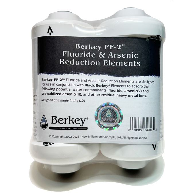 Pack of four Berkey PF-2 fluoride and arsenic reduction elements designed for use with water filters, made in the USA, ideal for emergency supplies and water treatment appliances.