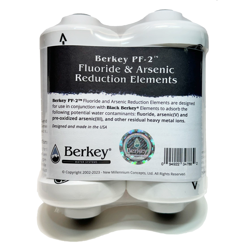 Pack of four Berkey PF-2 fluoride and arsenic reduction elements designed for use with water filters, made in the USA, ideal for emergency supplies and water treatment appliances.