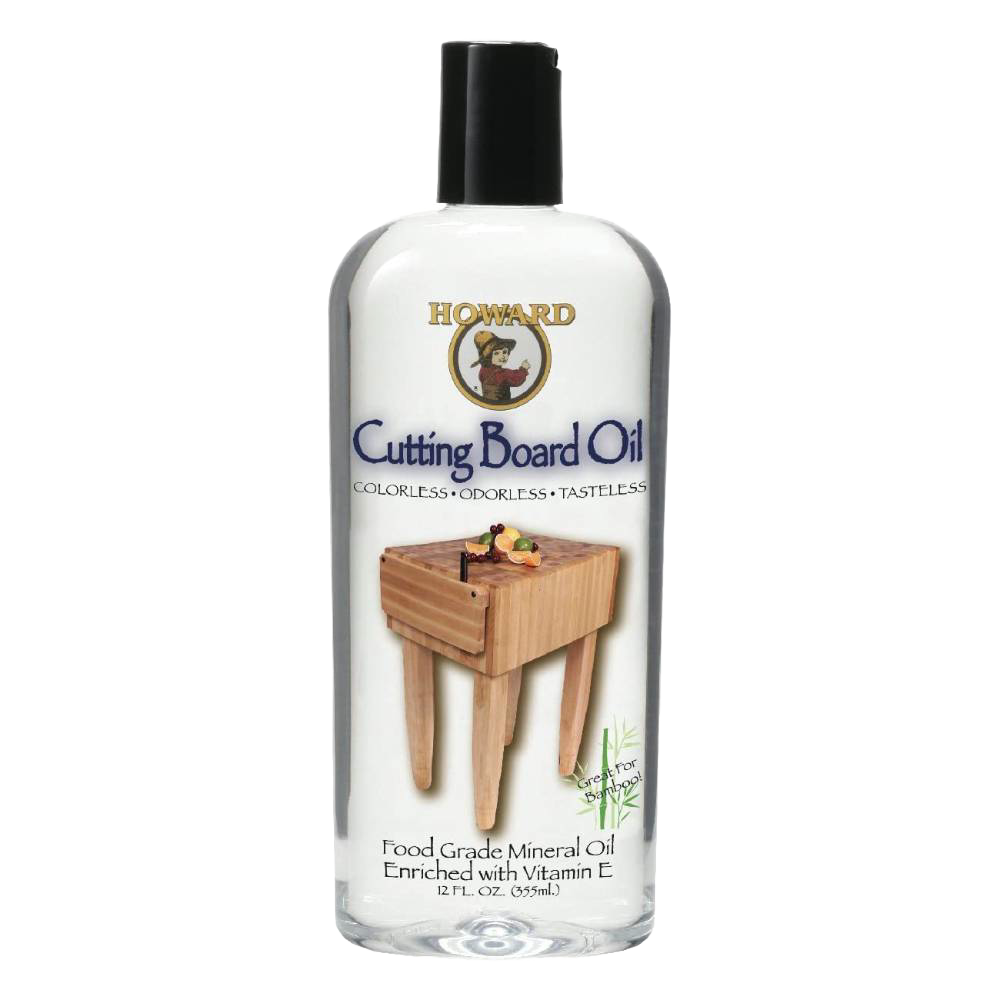 Clear bottle of food-grade mineral oil enriched with vitamin E for conditioning and maintaining wood surfaces such as cutting boards and butcher blocks, USA Made and ideal for Kitchen & Food and Food Prep collections.