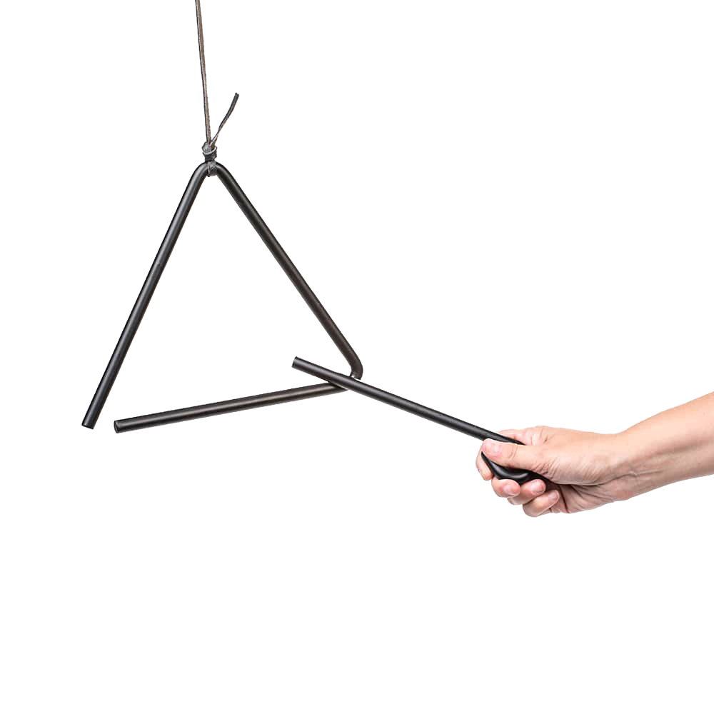Steel triangle dinner bell with black leather strap and striker held by a hand, ideal for home decor and outdoor use in campsites and backyards.