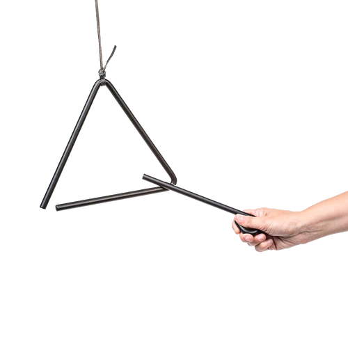 Steel triangle dinner bell with black leather strap and striker held by a hand, ideal for home decor and outdoor use in campsites and backyards.