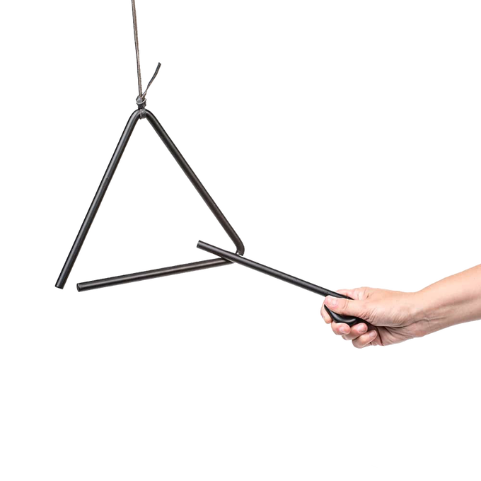 Steel triangle dinner bell with black leather strap and striker held by a hand, ideal for home decor and outdoor use in campsites and backyards.