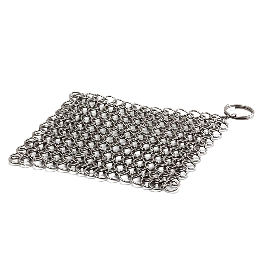 Stainless steel chainmail scrubber with interlocking rings and keyring, designed for heavy-duty cleaning of cast and wrought iron cookware, featured in Home & Decor, Household Cleaning, and Cleaning Utensils collections.