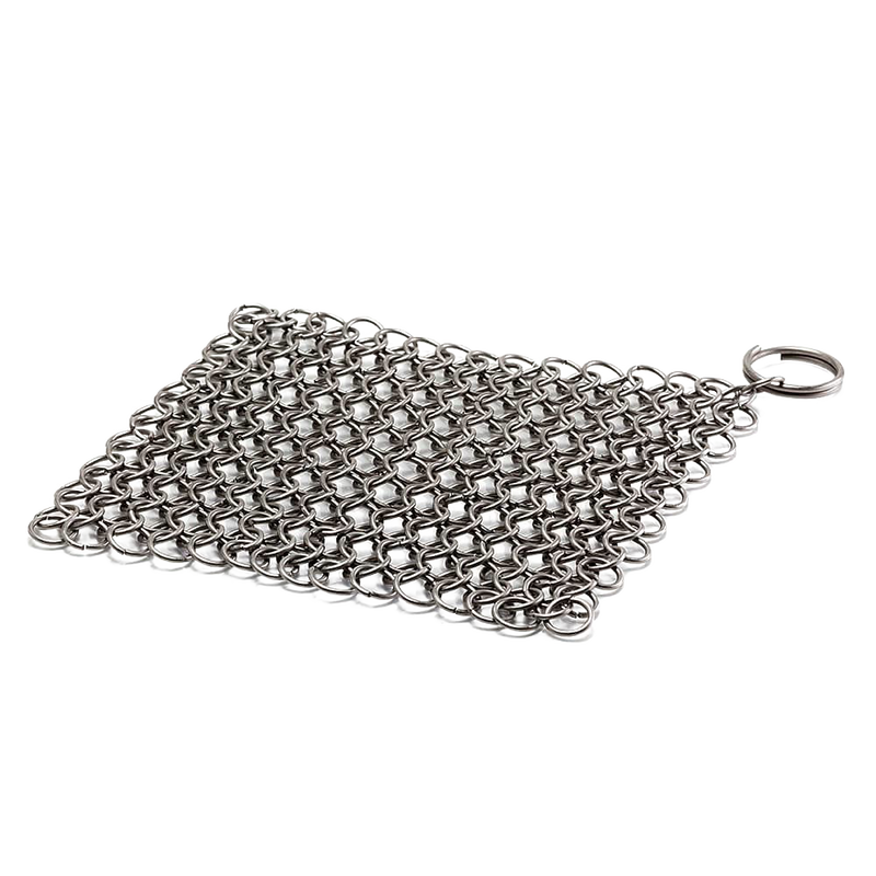 Stainless steel chainmail scrubber with interlocking rings and keyring, designed for heavy-duty cleaning of cast and wrought iron cookware, featured in Home & Decor, Household Cleaning, and Cleaning Utensils collections.