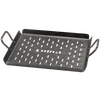 Heavy-duty seasoned steel grilling pan with open grid design and dual handles, made in USA for farm, garden, camping, and grilling collections.