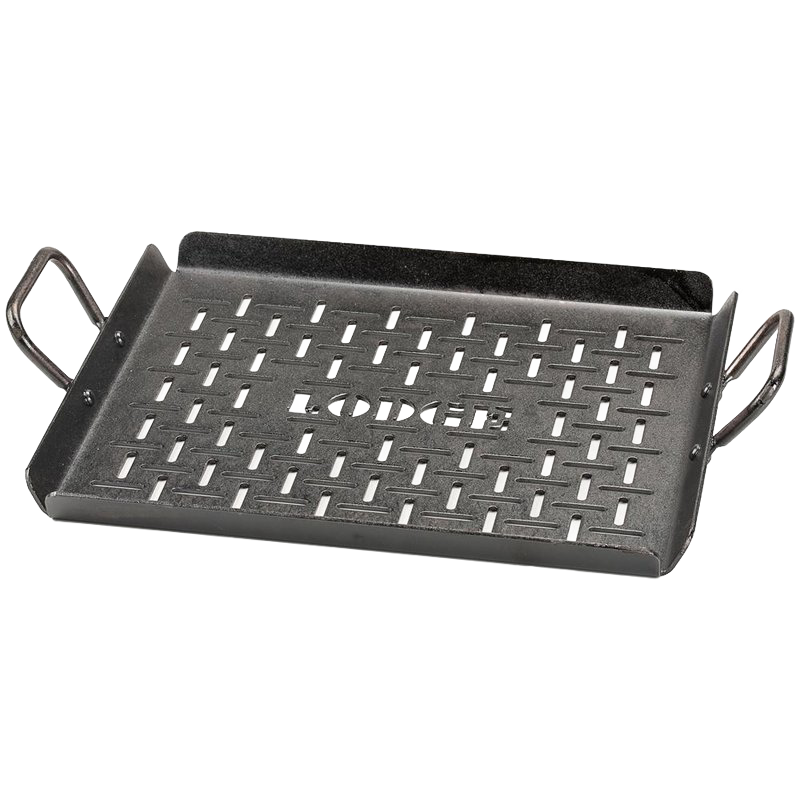 Heavy-duty seasoned steel grilling pan with open grid design and dual handles, made in USA for farm, garden, camping, and grilling collections.