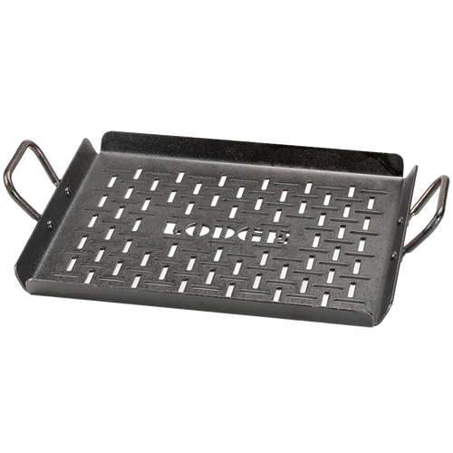 Heavy-duty seasoned steel grilling pan with open grid design and dual handles, made in USA for farm, garden, camping, and grilling collections.