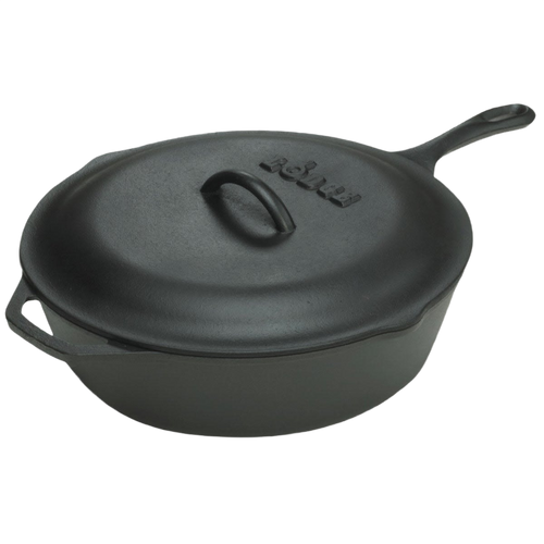 Extra deep cast iron chicken fryer with lid featuring self-basting nubs and skillet-style handle, pre-seasoned for even heating, ideal for Kitchen & Food and Cast Iron collections.