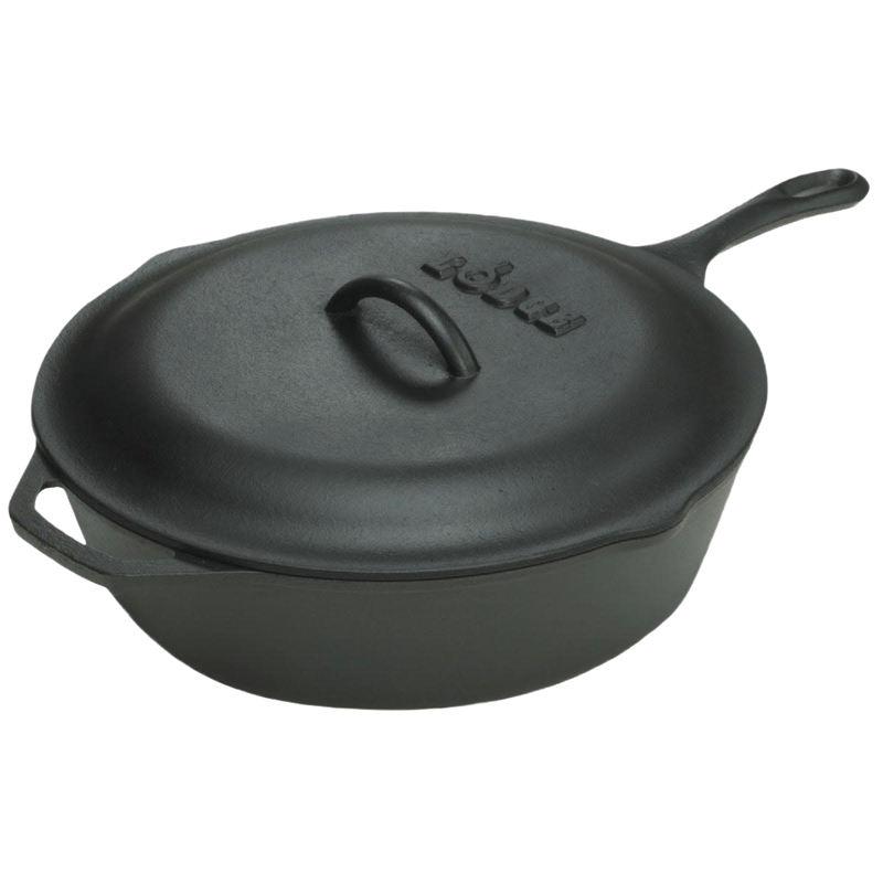 Extra deep cast iron chicken fryer with lid featuring self-basting nubs and skillet-style handle, pre-seasoned for even heating, ideal for Kitchen & Food and Cast Iron collections.