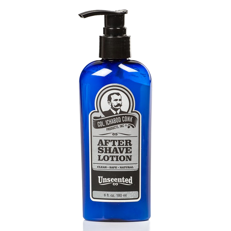 Blue 6 fl oz pump bottle of unscented after-shave lotion for natural, gentle skin care, part of Health & Wellness and Grooming and Personal Hygiene collections, made in USA.