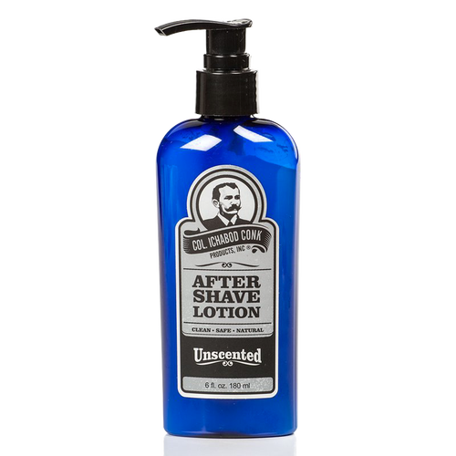 Blue 6 fl oz pump bottle of unscented after-shave lotion for natural, gentle skin care, part of Health & Wellness and Grooming and Personal Hygiene collections, made in USA.