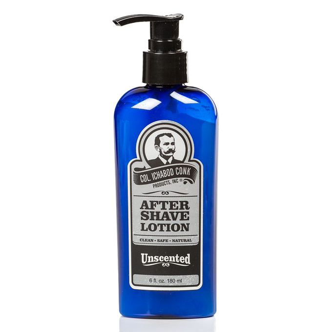 Blue 6 fl oz pump bottle of unscented after-shave lotion for natural, gentle skin care, part of Health & Wellness and Grooming and Personal Hygiene collections, made in USA.