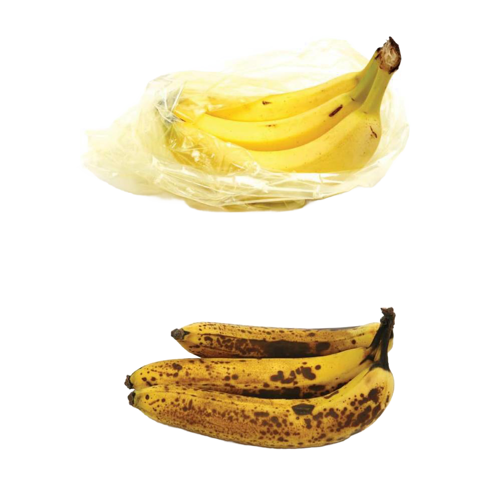 Two sets of bananas shown to illustrate freshness—one inside a clear reusable fresh produce bag and the other set with visible brown spots—highlighting extended produce life for Kitchen & Food and Storage collections.