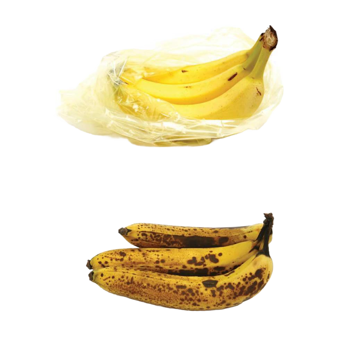 Two sets of bananas shown to illustrate freshness—one inside a clear reusable fresh produce bag and the other set with visible brown spots—highlighting extended produce life for Kitchen & Food and Storage collections.