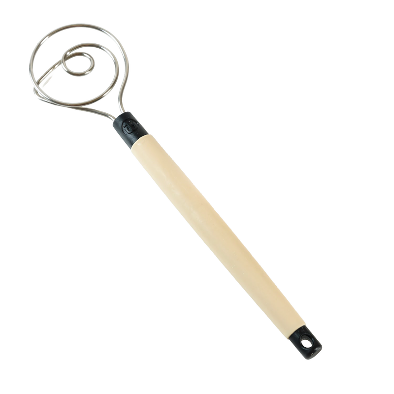 Sturdy dough whisk with full tang spiral metal head and smooth wooden handle, ideal for mixing bread dough and batter, featured in Kitchen & Food and Baking Supplies collections.