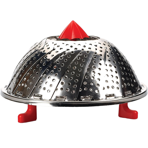 Expandable stainless steel vegetable steamer basket with red plastic handle and feet, suitable for Kitchen & Food, Cookware, Pots and Pans, Kitchen Gadgets, and Best Sellers collections.