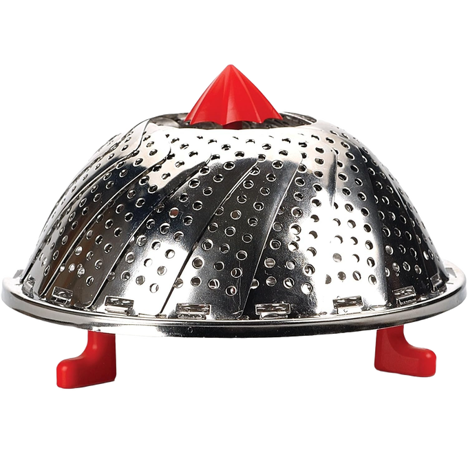 Expandable stainless steel vegetable steamer basket with red plastic handle and feet, suitable for Kitchen & Food, Cookware, Pots and Pans, Kitchen Gadgets, and Best Sellers collections.