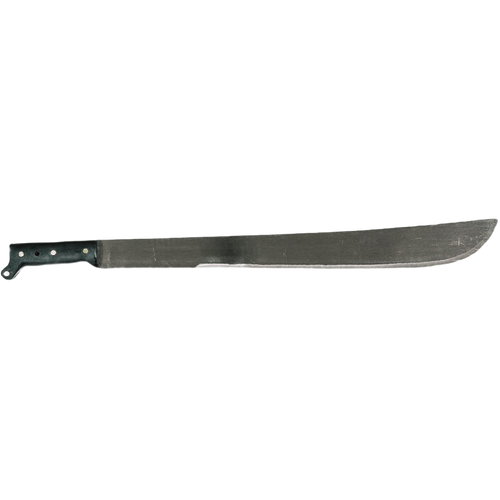 Tempered steel garden machete with a 22-inch thick, sharp blade and sturdy polymer handle secured by four brass rivets, ideal for farm, garden, and lawncare tasks.