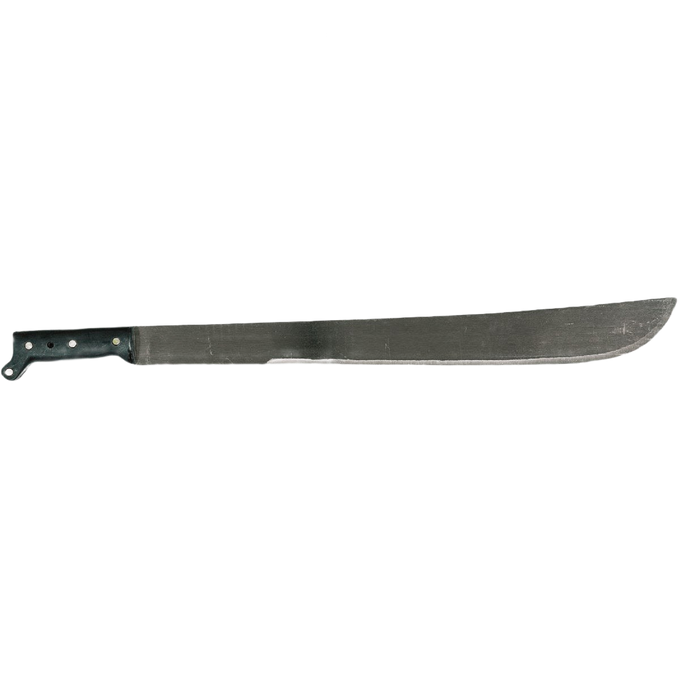 Tempered steel garden machete with a 22-inch thick, sharp blade and sturdy polymer handle secured by four brass rivets, ideal for farm, garden, and lawncare tasks.