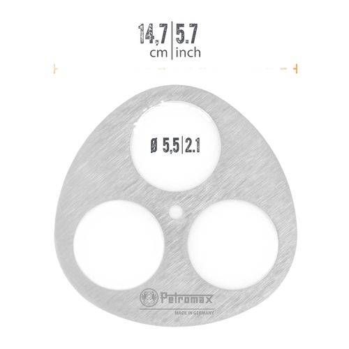 Lightweight stainless steel tripod lashing disc with three circular openings and embossed logo, crafted for building branch tripods, featured in Farm, Garden & Tool, Camping, Best Sellers, and Promo Eligible collections.