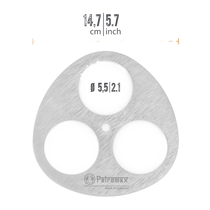 Lightweight stainless steel tripod lashing disc with three circular openings and embossed logo, crafted for building branch tripods, featured in Farm, Garden & Tool, Camping, Best Sellers, and Promo Eligible collections.