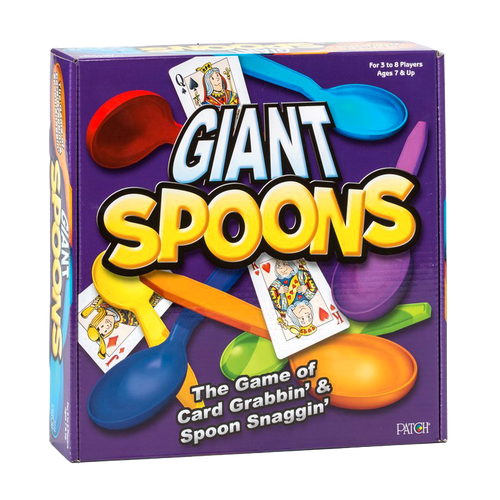 Colorful giant plastic spoons and playing cards featured on a vibrant purple box for a fast-paced card grabbing game, part of Toys, Children's Toys, Games and Puzzles, and Best Sellers collections.