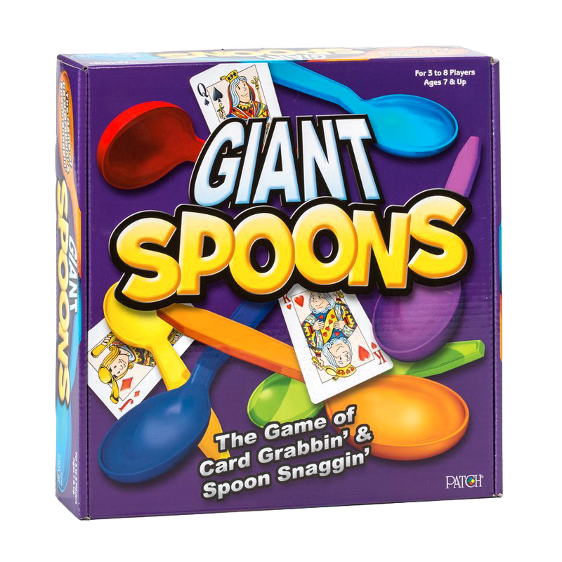 Colorful giant plastic spoons and playing cards featured on a vibrant purple box for a fast-paced card grabbing game, part of Toys, Children's Toys, Games and Puzzles, and Best Sellers collections.