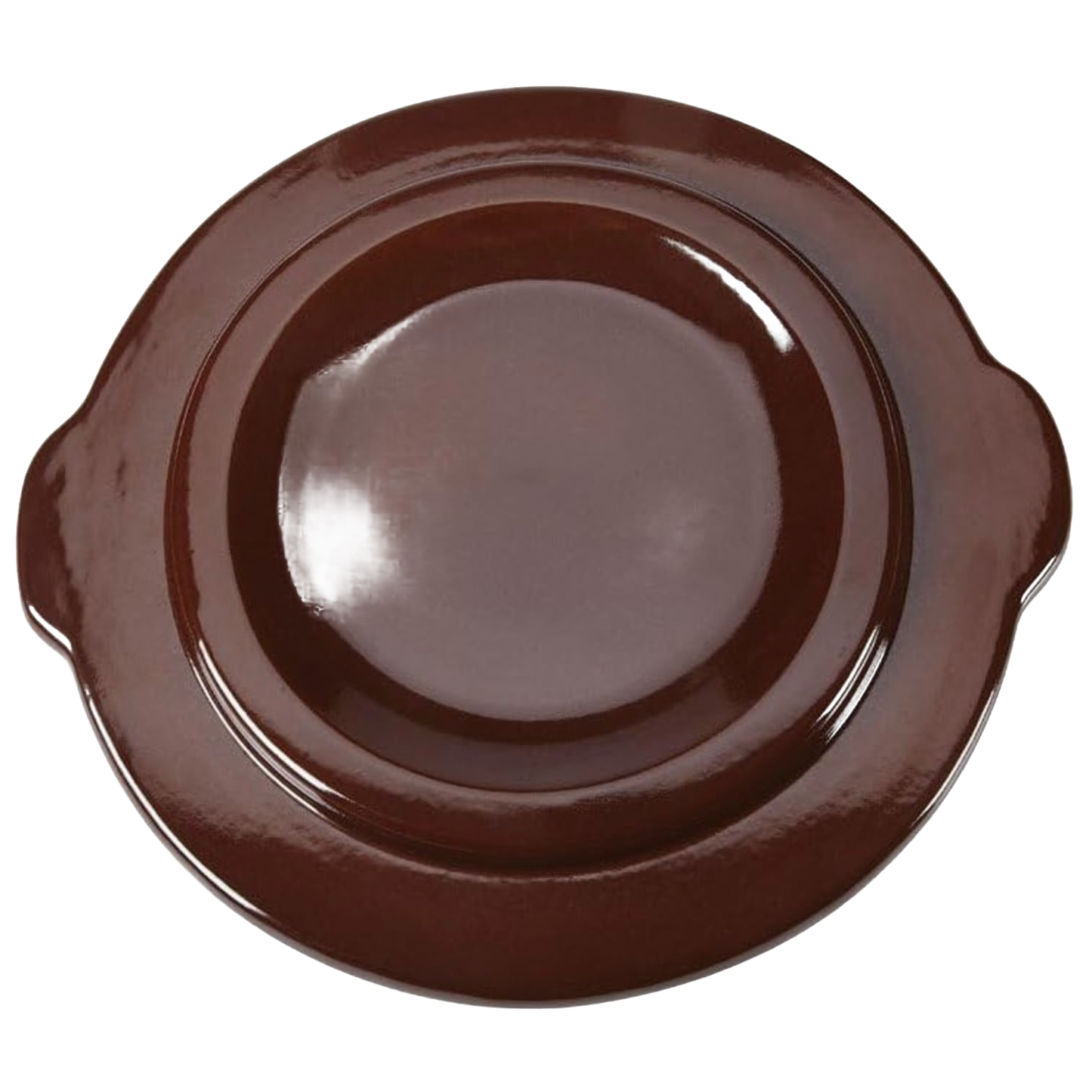 Handcrafted dark brown stoneware crock cover with side handles, made in USA, perfect for kitchen food preservation, fermenting, and pickling collections.