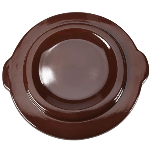 Handcrafted dark brown stoneware crock cover with side handles, made in USA, perfect for kitchen food preservation, fermenting, and pickling collections.