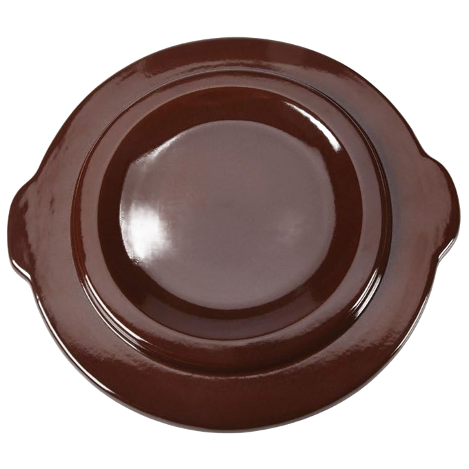 Handcrafted dark brown stoneware crock cover with side handles, made in USA, perfect for kitchen food preservation, fermenting, and pickling collections.