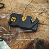 Compact black and yellow handcrafted knife sharpener featuring convex carbide, ceramic hone, tapered diamond rod for serrations, and a lanyard hole, shown on wood surface, ideal for Farm, Garden & Tool, Kitchen & Food, Knives & Axes, Sharpening, and Hand Tools hardware collections.