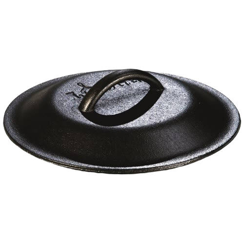 Pre-seasoned cast iron lid with a sturdy loop handle and embossed branding, designed for Kitchen & Food, Cookware, Cast Iron, USA Made, Best Sellers, and Promo Eligible collections.