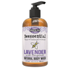 Amber pump bottle of natural lavender and bergamot body wash made with essential oils, handcrafted in USA, featured in Health & Wellness, Soaps, and Best Sellers collections.