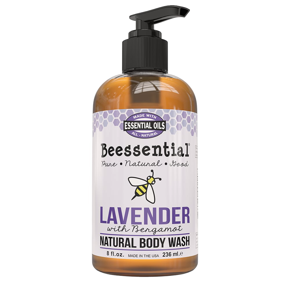 Amber pump bottle of natural lavender and bergamot body wash made with essential oils, handcrafted in USA, featured in Health & Wellness, Soaps, and Best Sellers collections.