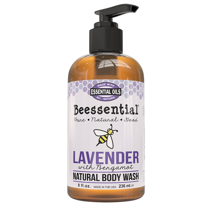 Amber pump bottle of natural lavender and bergamot body wash made with essential oils, handcrafted in USA, featured in Health & Wellness, Soaps, and Best Sellers collections.