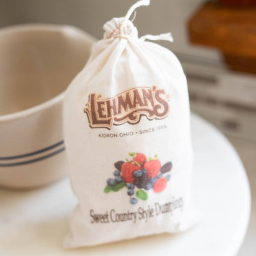 Charming fabric bag of handcrafted Lehman's sweet country-style dumplings mix with illustrated berries, perfect for Kitchen & Food, Pantry, Dry Goods and Mixes, and Best Sellers collections.