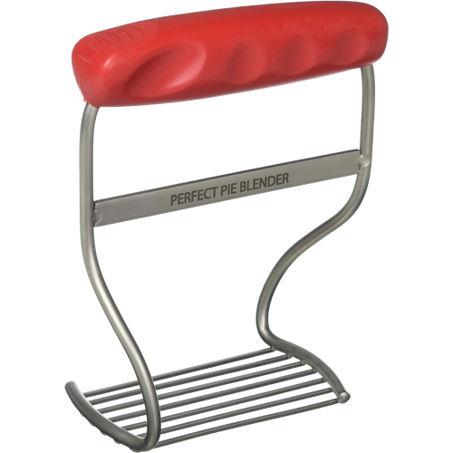 Handheld pie blender with solid stainless steel wires and a red rubber ergonomic handle, designed for easy mixing in baking and cooking, ideal for Kitchen & Food and Baking Supplies collections.