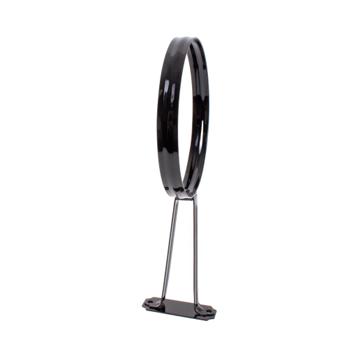 Unique handcrafted black metal wall bracket with an 11-3/4-inch arm and 6-inch diameter ring, designed for mounting Aladdin oil lamps, featured in Lamps & Lighting, Oil Lamps, Wall Lamps, Best Sellers, and Promo Eligible collections.