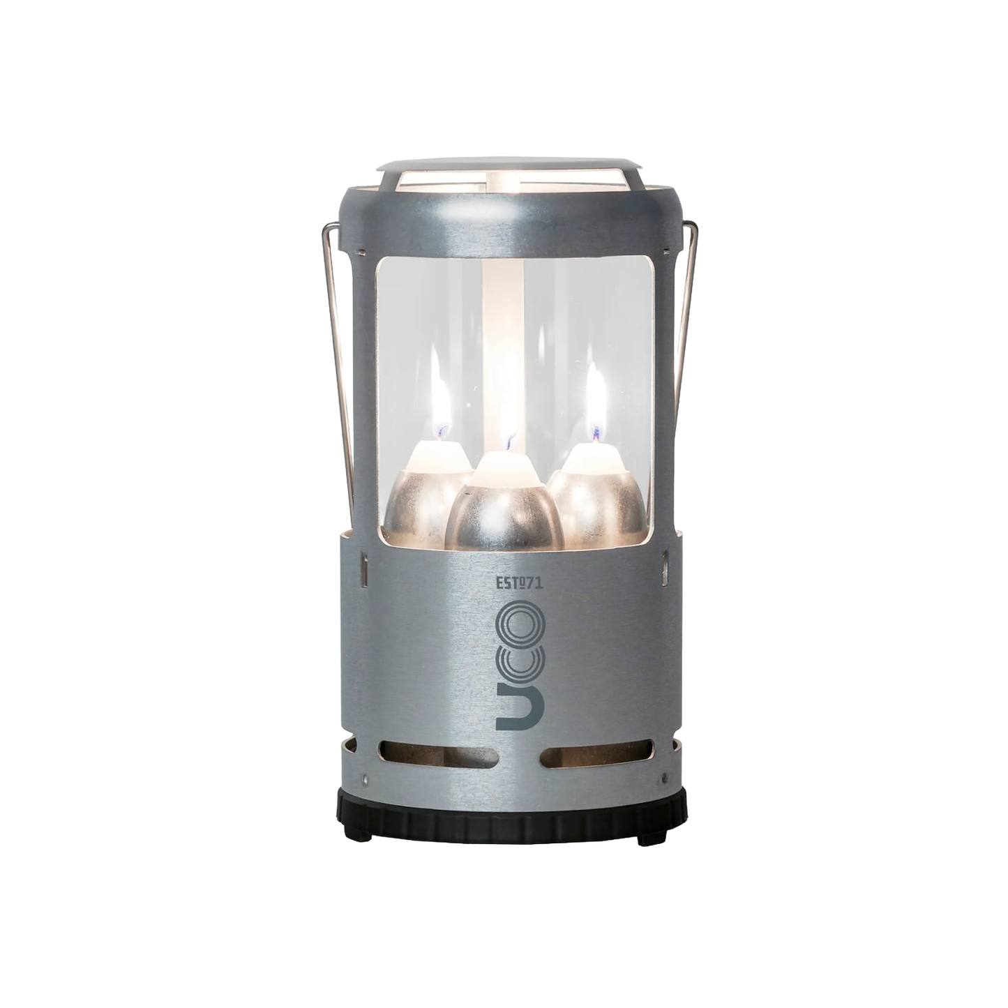 Handcrafted durable candle lantern with three burning candles protected by glass and metal frame, perfect for camping, farm, garden, emergency supplies, and outdoor lighting needs.