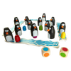Handcrafted wooden penguin memory game pieces arranged on a colorful numbered ice path board, paired with two wooden dice featuring brightly colored dots, part of Toys, Books & Games and Table and Board Games collections.