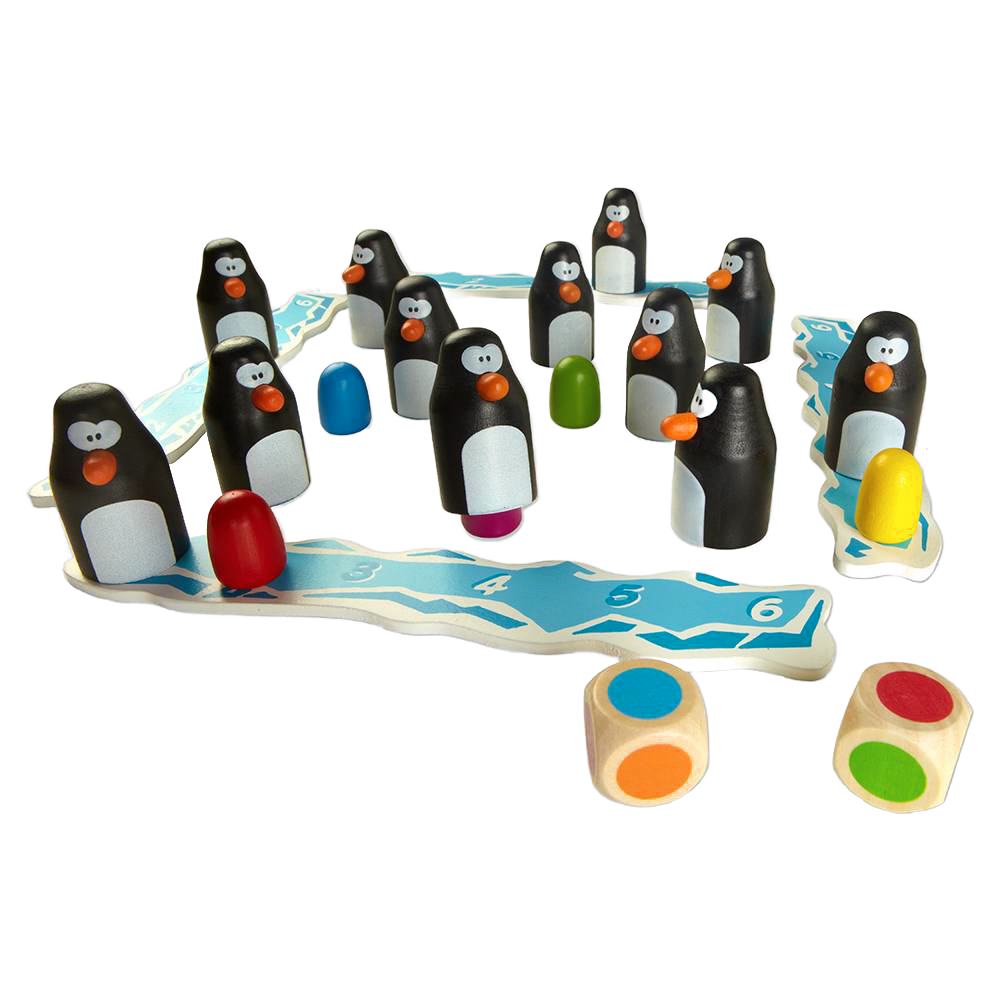 Handcrafted wooden penguin memory game pieces arranged on a colorful numbered ice path board, paired with two wooden dice featuring brightly colored dots, part of Toys, Books & Games and Table and Board Games collections.