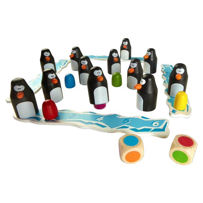 Handcrafted wooden penguin memory game pieces arranged on a colorful numbered ice path board, paired with two wooden dice featuring brightly colored dots, part of Toys, Books & Games and Table and Board Games collections.