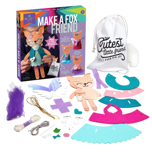Craft kit with felt pieces, thread, stuffing, and accessories to create a fox stuffie with wardrobe options, promoting creativity in Toys, Books & Games and Arts and Crafts collections.