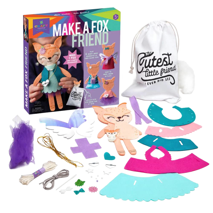 Craft kit with felt pieces, thread, stuffing, and accessories to create a fox stuffie with wardrobe options, promoting creativity in Toys, Books & Games and Arts and Crafts collections.