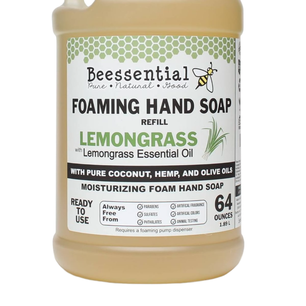 Handcrafted 64-ounce foaming hand soap refill with lemongrass essential oil, made in the USA with coconut, hemp, and olive oils, featured in Health & Wellness, Soaps, and Best Sellers collections.
