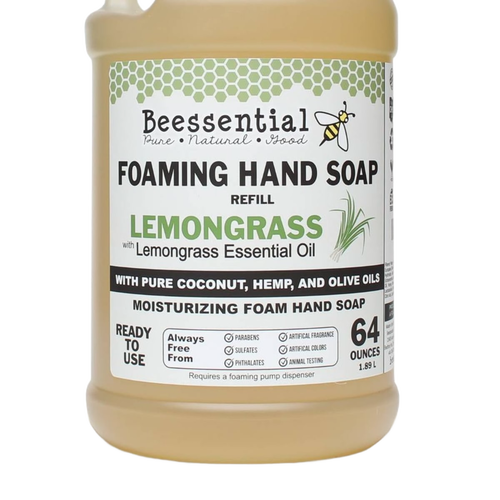 Handcrafted 64-ounce foaming hand soap refill with lemongrass essential oil, made in the USA with coconut, hemp, and olive oils, featured in Health & Wellness, Soaps, and Best Sellers collections.