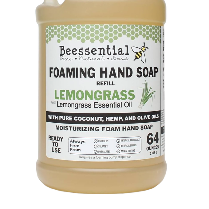 Handcrafted 64-ounce foaming hand soap refill with lemongrass essential oil, made in the USA with coconut, hemp, and olive oils, featured in Health & Wellness, Soaps, and Best Sellers collections.