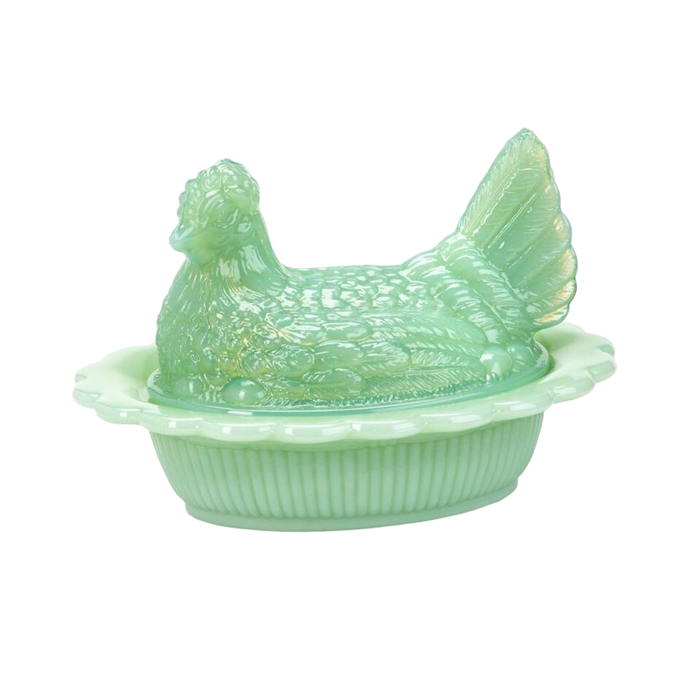 Glossy pale green glass covered dish shaped like a hen on a nest, handcrafted and made in USA, perfect for Kitchen & Food, Storage and Serving, and Best Sellers collections.