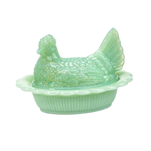 Glossy pale green glass covered dish shaped like a hen on a nest, handcrafted and made in USA, perfect for Kitchen & Food, Storage and Serving, and Best Sellers collections.