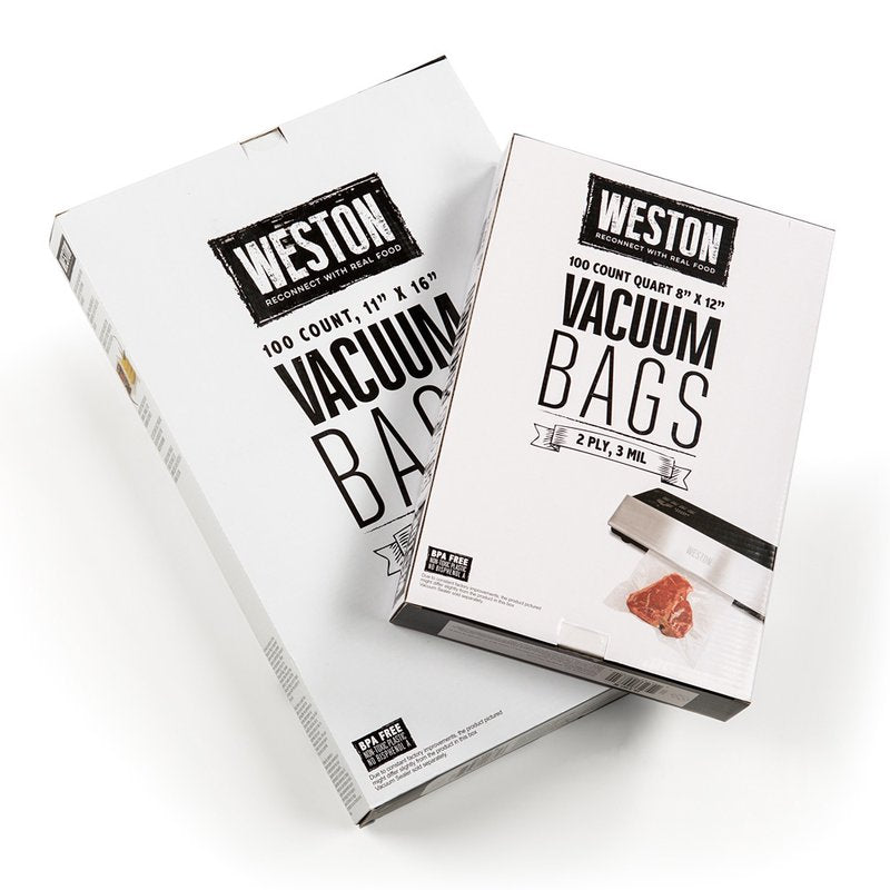 Two white boxes of BPA-free vacuum sealer bags with special textured lining, designed for food preservation and freezing, featured in Kitchen & Food, Best Sellers, and Promo Eligible collections.